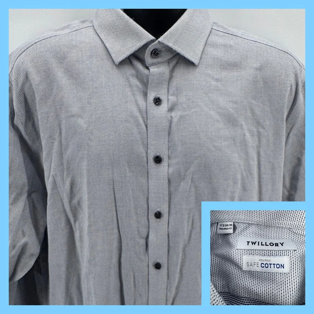 TWILLORY Men's Tailored Fit‎ Long Sleeve Dress Shirt Size 17.5 Grey Micro Dot
